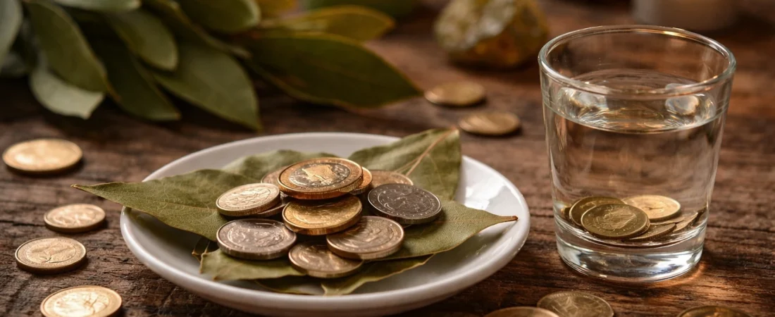 Simpatia com folha de louro e moedas