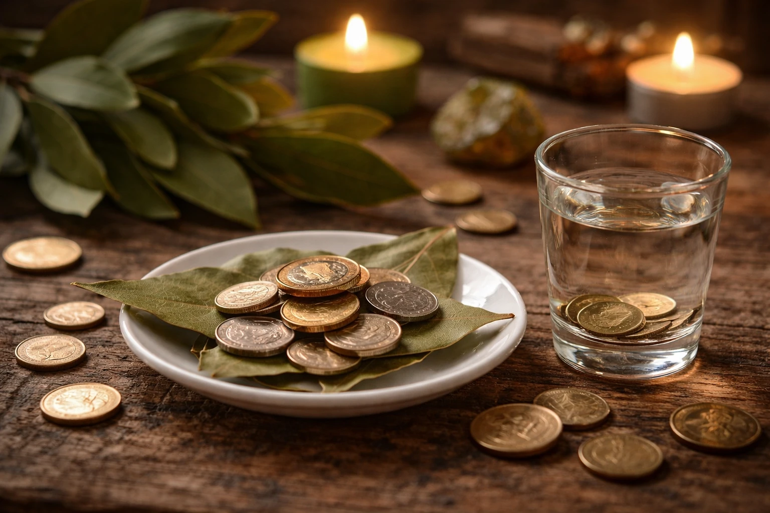 Simpatia com folha de louro e moedas