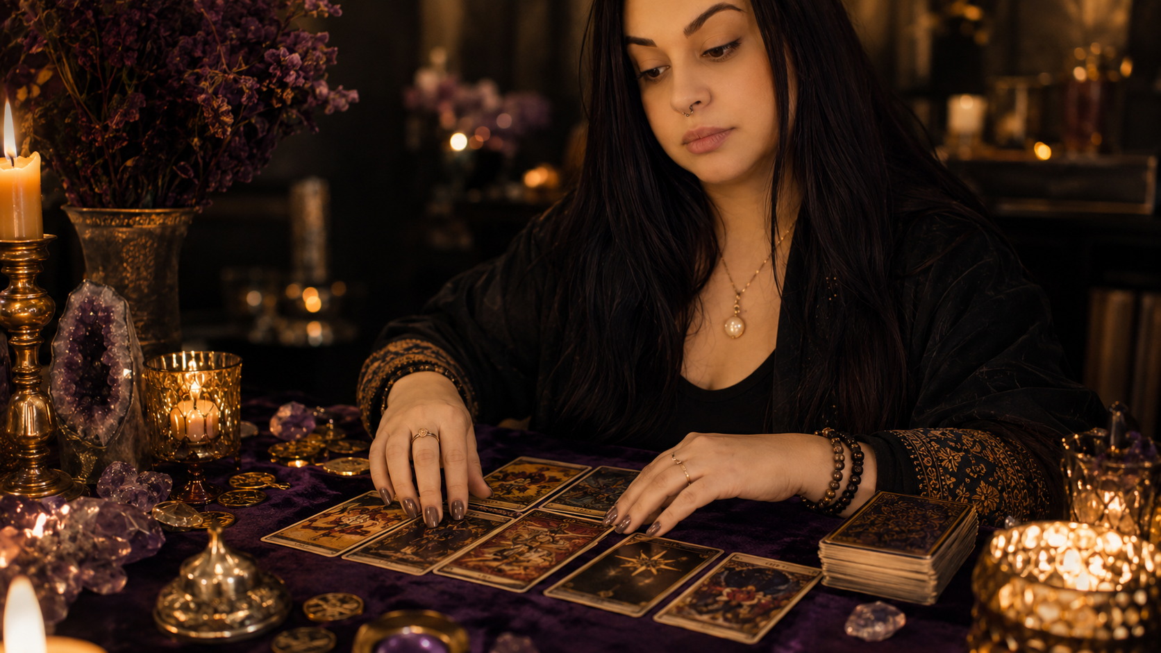 Oraculista em mesa de leitura espiritual com cartas, vela e elementos de conexão ancestral