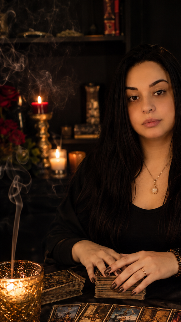 Oraculista Sanrian em conexão espiritual com cartas e elementos de ancestralidade